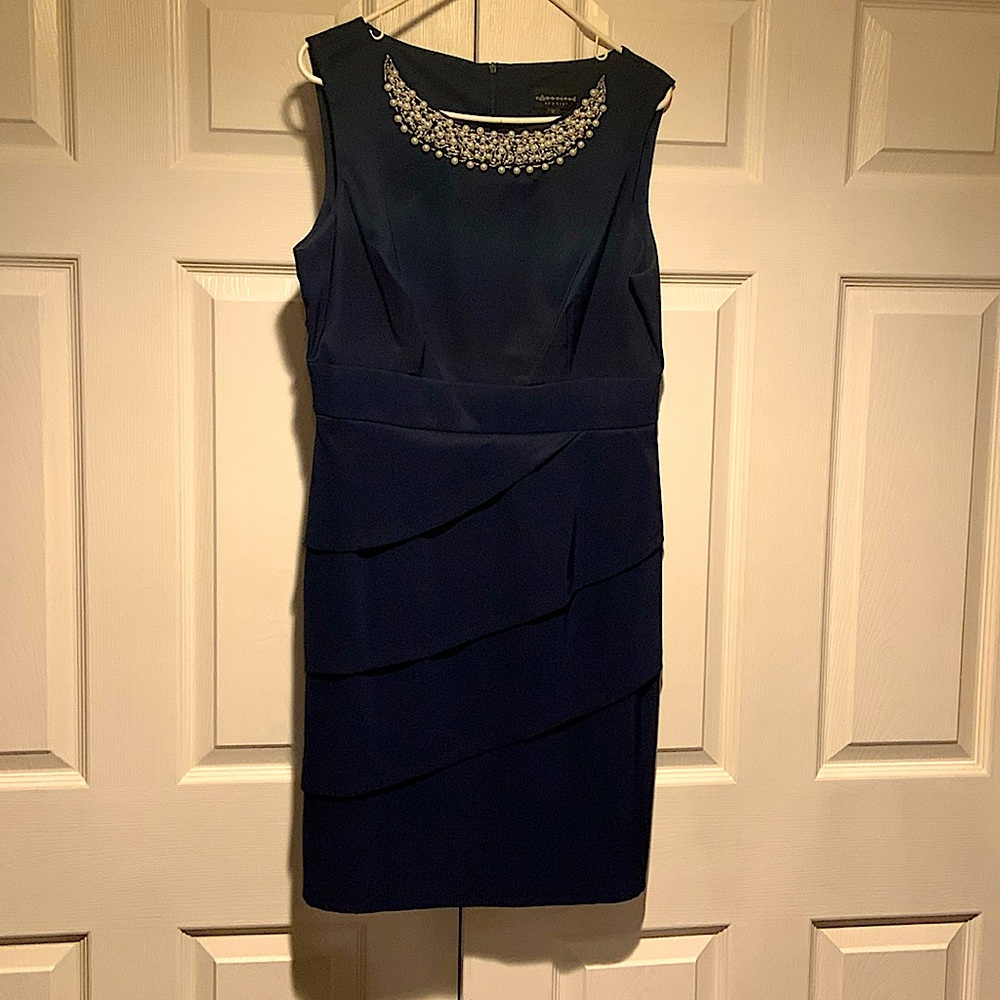 Navy Blue Party Dress with Pearl beaded neckline